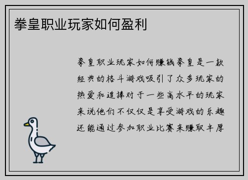 拳皇职业玩家如何盈利